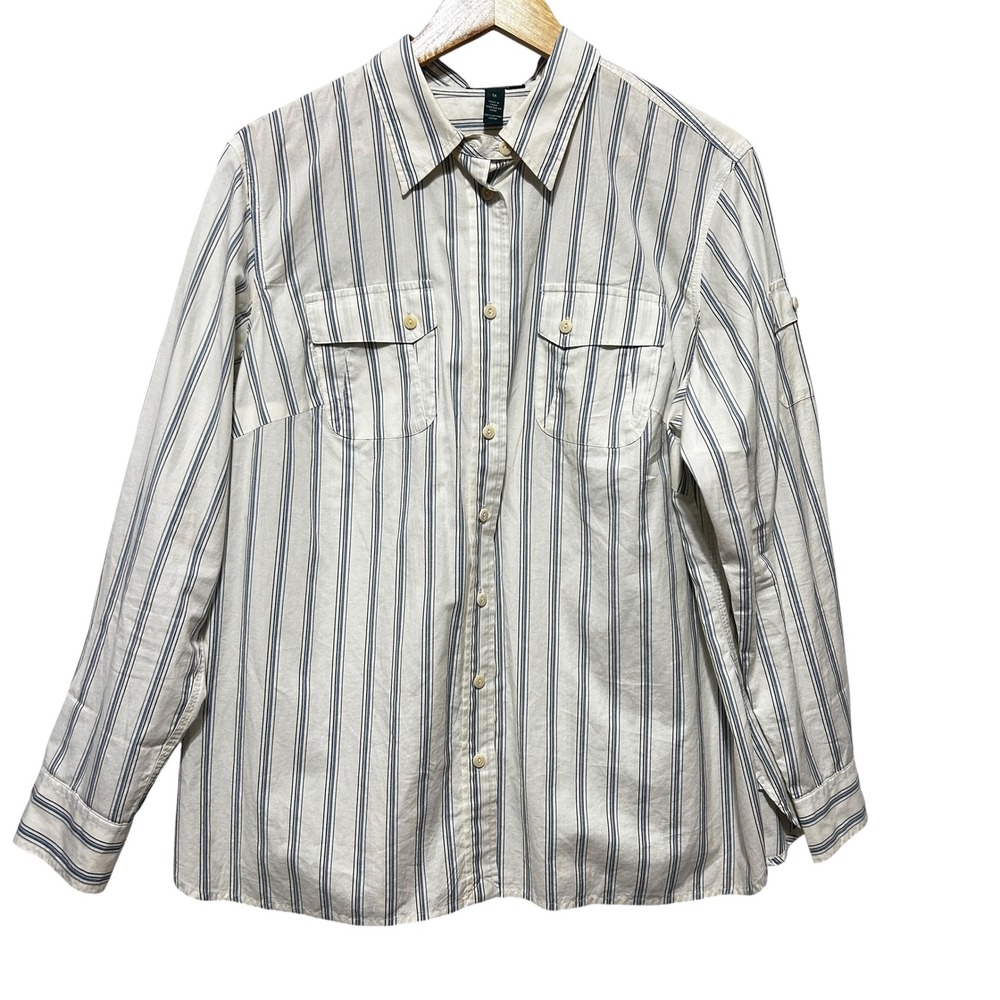 LRL Lauren Jeans Co Womens Button Top 1X Blue Striped Preppy Coastal‎ Nautical